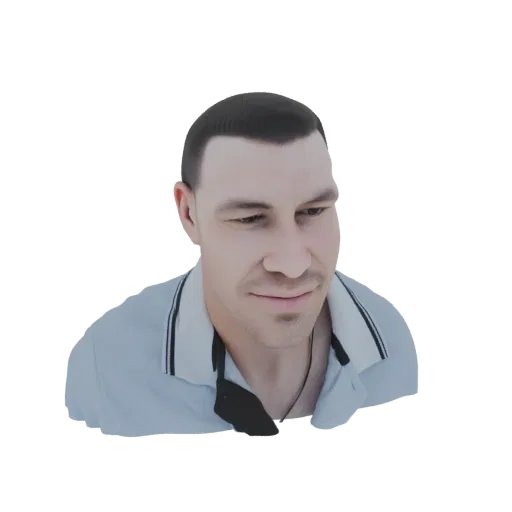 3D model of a man with short dark hair wearing a light blue polo shirt with dark trim, looking down.