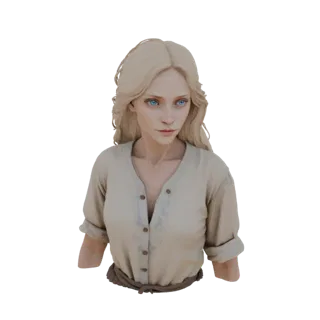 Render do modelo 3D de uma jovem mulher com longos cabelos loiros, olhos azuis, vestindo uma túnica clara e cinto marrom, olh