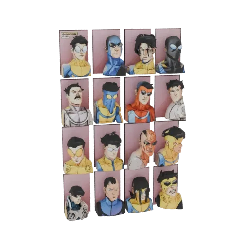 Ein Raster von 16 3D-gedruckten Büsten von Charakteren aus der Invincible Comicserie, dargestellt vor schwarzem Hintergrund.