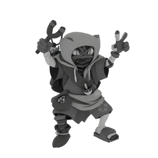 3D model of a ninja cat rogue character in a dynamic pose, holding a slingshot and making a peace sign.
