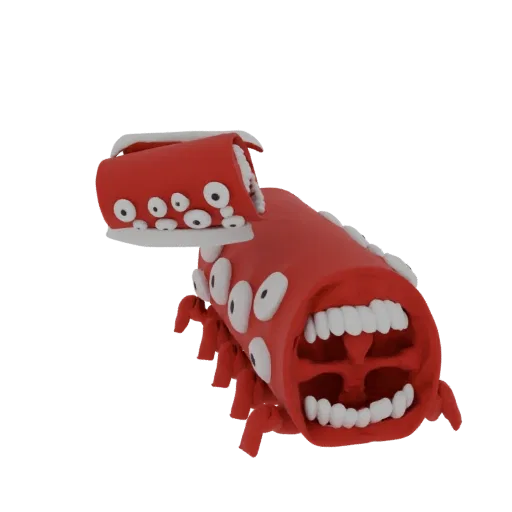 Modello 3D di mostro rosso segmentato con molti occhi bianchi, denti affilati in bocca e piccoli tentacoli.