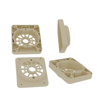 3D model preview of a beige modular square base with a central circular recess and four corner mounting holes, shown from mul