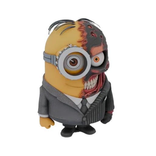 3D model of a Minion character with one side of its face disfigured like Two-Face, wearing a suit.