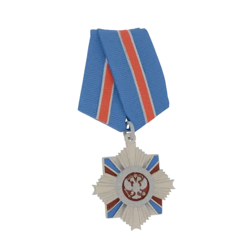3D model of the Order of Military Merit medal with a blue, red, and white striped ribbon, featuring a silver star and a centr