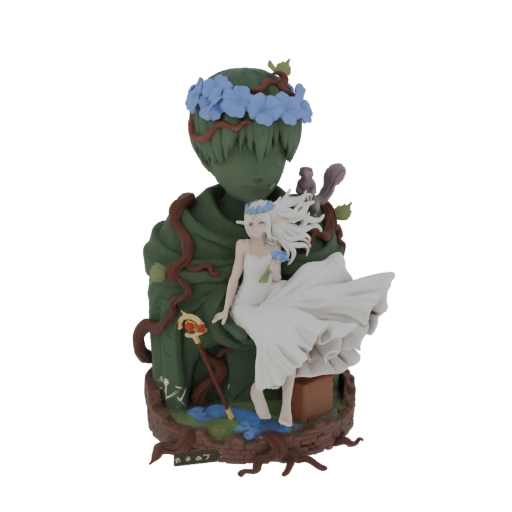 Fee umarmt Grünmann-Statue mit Blumen