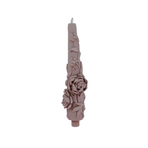 A 3D model of a tall, slender taper candle with a mauve color, featuring detailed embossed floral patterns of roses and leave