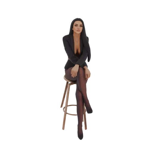 3D model of a woman in a black blazer and polka dot tights sitting elegantly on a wooden stool, with her arms crossed.