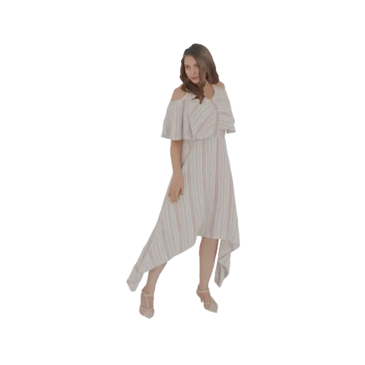 Un modelo 3D de un vestido midi a rayas con hombros descubiertos y dobladillo asimétrico, presentado sobre un fondo blanco.
