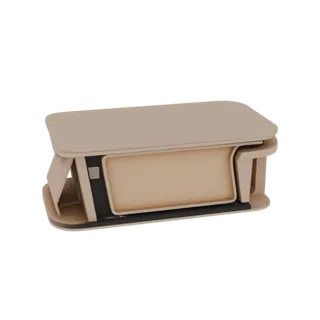3D model of a modern minimalist coffee table with a beige finish and a central recessed storage compartment, shown from a sli