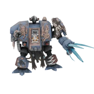 Modèle 3D d'un Dreadnought Space Wolf, un grand marcheur blindé gris avec une peau de loup et une faux énergétique bleue bril
