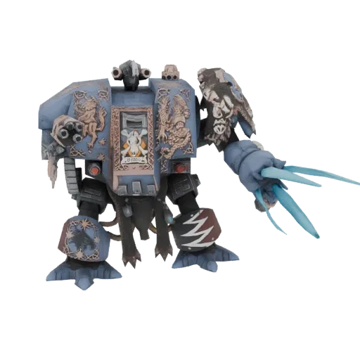 Modèle 3D d'un Dreadnought Space Wolf, un grand marcheur blindé gris avec une peau de loup et une faux énergétique bleue bril