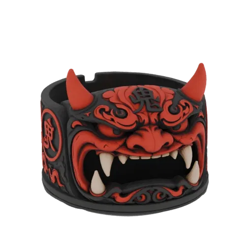3D model of a red and black Oni mask ashtray with sharp teeth and horns, featuring Japanese demon motifs.