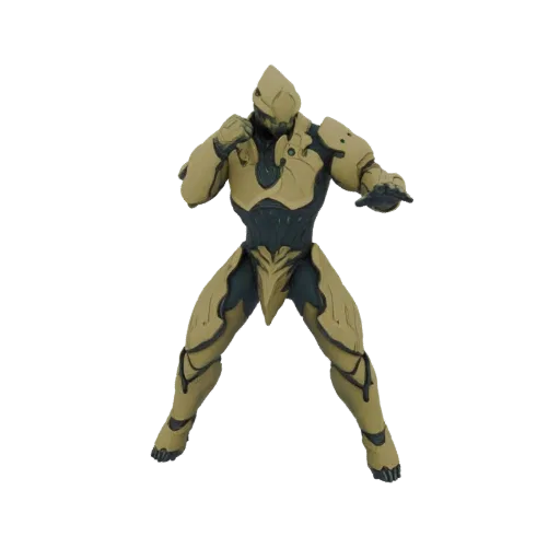 Modelo 3D de un guerrero sci-fi en postura de combate defensiva, vistiendo armadura segmentada en tonos oscuros y tostados.