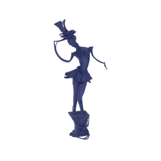 Modelo 3D de uma bailarina steampunk usando cartola, em uma pose graciosa sobre uma base de estilo industrial.