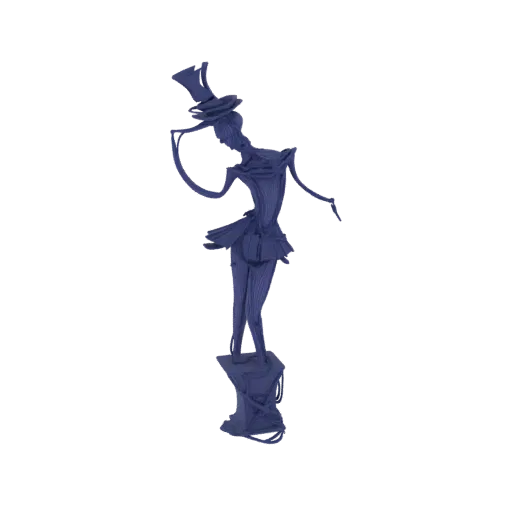 3D model of a steampunk ballerina wearing a top hat, striking a graceful pose on an industrial-style base.