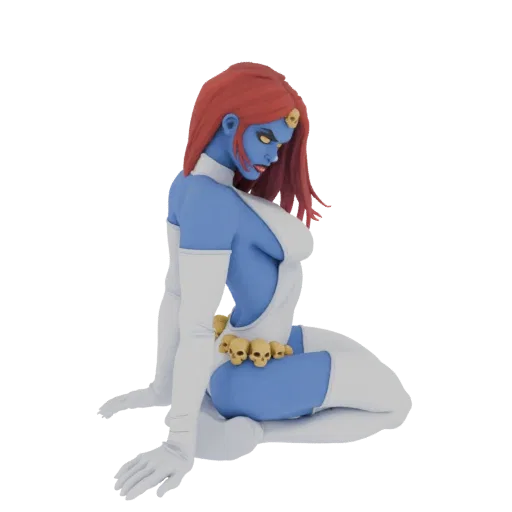 Modelo 3D de Mystique, uma mutante de pele azul com cabelo vermelho, sentada em uma pose dinâmica com um cinto adornado com c