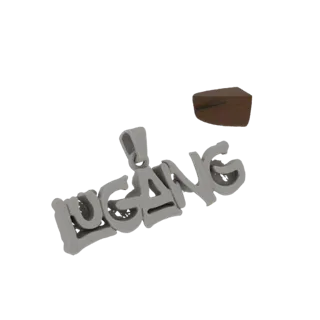 3D model of a silver pendant with 'LUCA NG' in graffiti font, with a small brown object in the background.