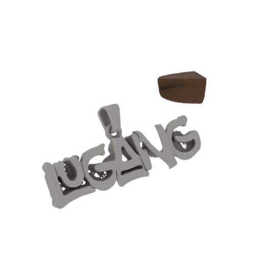 3D model of a silver pendant with 'LUCA NG' in graffiti font, with a small brown object in the background.