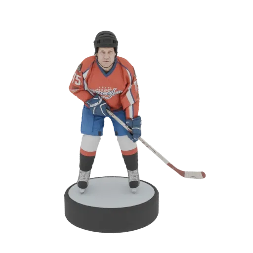 3D model render of an ice hockey player wearing a red and blue uniform, holding a hockey stick, standing on a puck-shaped bas