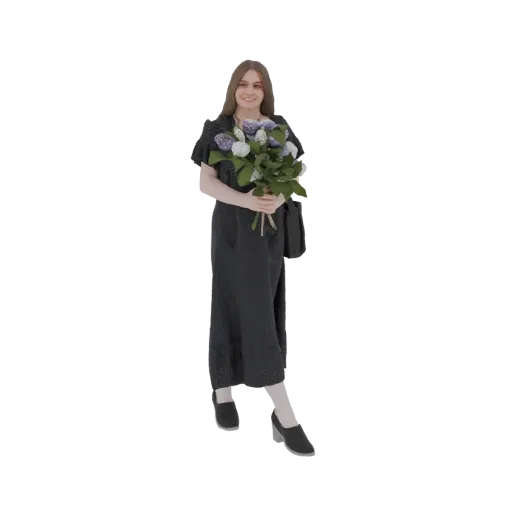Modèle 3D d'une femme souriante dans une robe sombre tenant un bouquet de lilas violets et blancs.