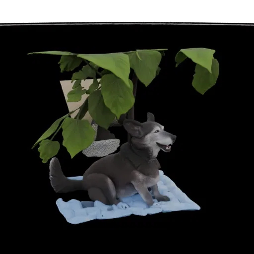 3D-Modell eines grauen und weißen Husky-Hundes, der auf einer hellblauen Decke sitzt, mit großen grünen Blättern, die sich darüber wölben.