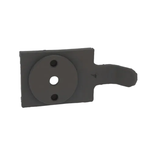 A 3D render of a gray, plastic lever mechanism with a base plate and a pivoting arm.