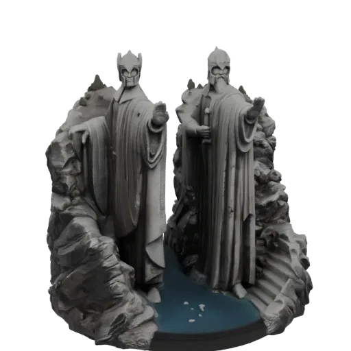 Modèle 3D des statues de l'Argonath, deux anciens rois sculptés dans la pierre, se tenant dans une rivière aux rives rocheuse