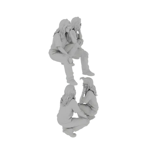 3D model of three friends sitting together, rendered in a neutral gray material, showing connection and camaraderie.
