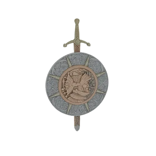 3D model of an Aztec warrior's circular shield with a central profile and a matching sword, rendered against a white backgrou