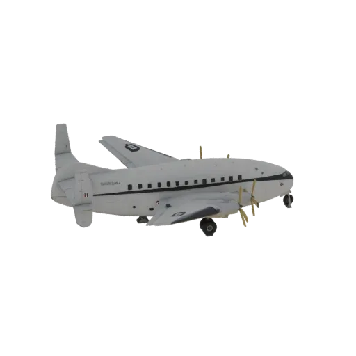 Side view of a 3D model of the Br765 Sahara military transport aircraft, rendered in white with propellers and landing gear v