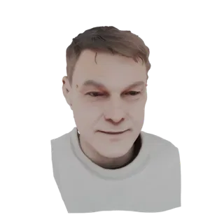 Modèle 3D d'un homme aux cheveux bruns courts et à un pull gris clair, regardant vers le bas avec un sourire subtil.
