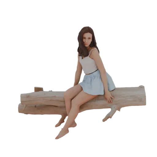 Modelo 3D de joven con cabello oscuro, top blanco y falda azul, sentada en un tronco texturizado.