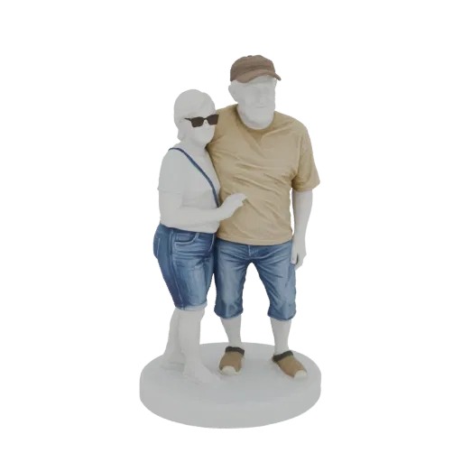 3D model of a couple, a woman in denim overalls and a man in a t-shirt and shorts, standing together affectionately.