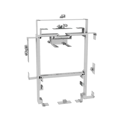 Renderização 3D de uma moderna estrutura em metal prateado com múltiplos suportes de montagem e vigas de suporte, contra um f