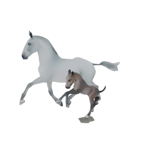 Una renderización 3D de un caballo blanco galopando con un potro marrón justo detrás, ambos en pleno movimiento.