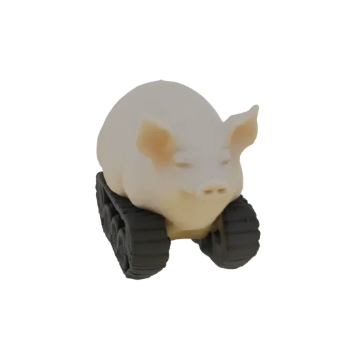 Render de modelo 3D de un cerdo de color claro con ojos cerrados sentado sobre orugas de tanque negras contra un fondo negro.