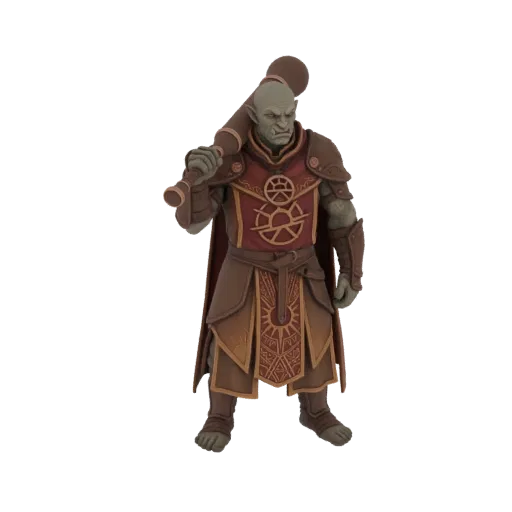 3D model of an Orcish Sun Priest standing with a staff over its shoulder, wearing detailed armor with sun symbols.