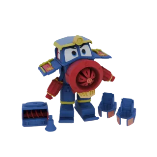 3D-Modell des Robocar Poli Roy Transformer-Spielzeugs in Blau und Rot, mit einem großen roten turbinenähnlichen Aufsatz und s