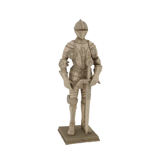 3D model of a medieval knight in full plate armor, holding a sword, on a square base.