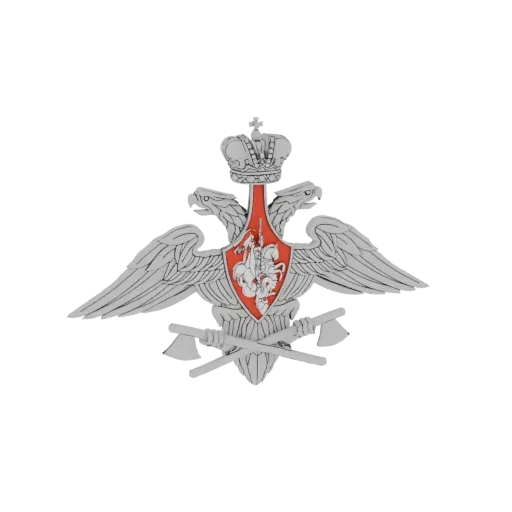 3D model of the Russian double-headed eagle emblem with a crown, shield, and crossed axes.