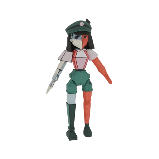 3D model of a stylized character with asymmetrical coloring and geometric design, wearing a green cap and shorts.