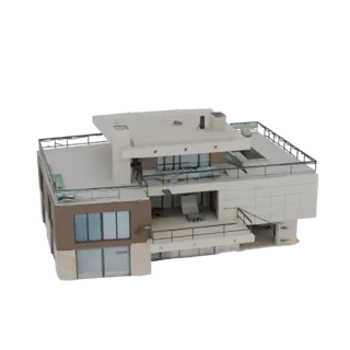 Modèle 3D d'une villa moderne de luxe avec extérieur blanc et brun, grandes fenêtres vitrées et plusieurs balcons.