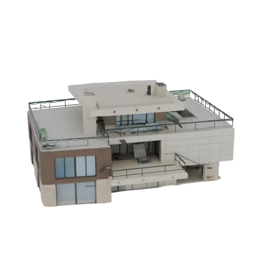 Modelo 3D de villa moderna de lujo con exterior blanco y marrón, grandes ventanales y múltiples balcones.