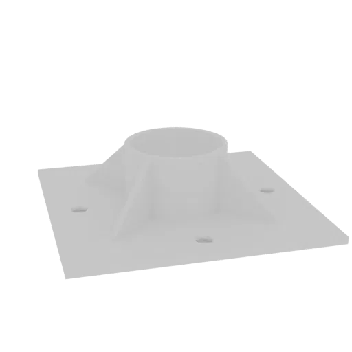 3D render of a white square base post mount with a central cylindrical flange and four mounting holes.