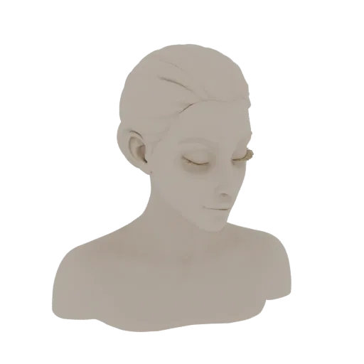 A stylized 3D model of a female bust with closed eyes and smooth, matte finish.