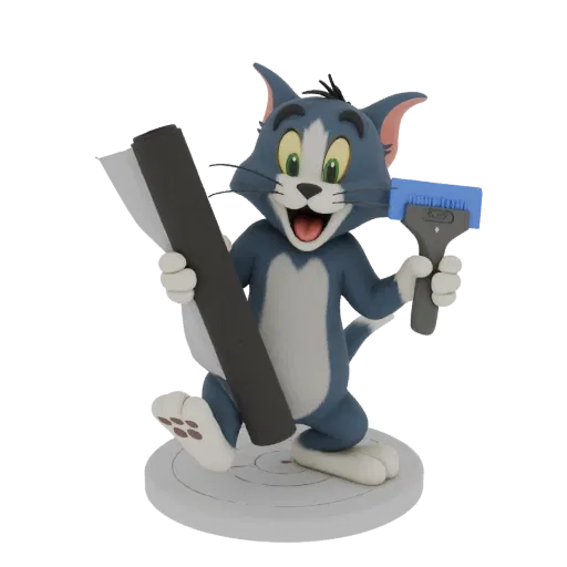 3D model of Tom the cat from Tom and Jerry holding a roll of wallpaper and a smoothing tool, standing on a circular base.