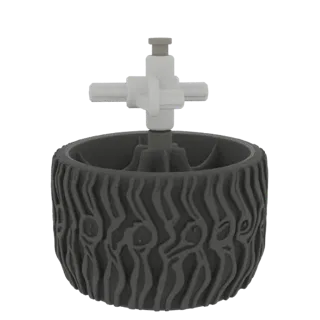 3D model of a dark gray textured wheel with a light gray mechanical hub assembly on top.
