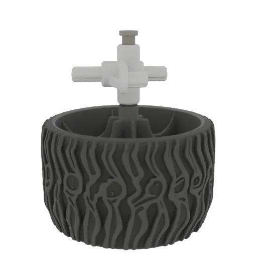 Modello 3D di una ruota texturizzata grigio scuro con un gruppo mozzo meccanico grigio chiaro sopra.