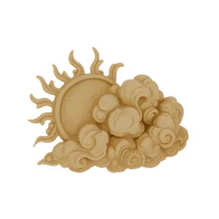 Modèle 3D d'un soleil sculpté avec des rayons émergeant d'un amas de nuages détaillés et tourbillonnants, présenté dans une t