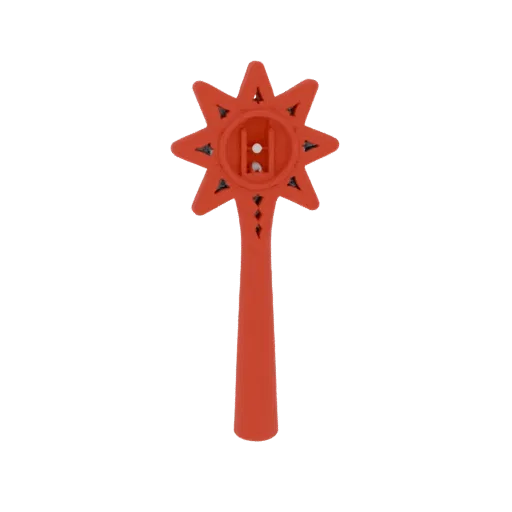 A 3D render of a bright red wand with a starburst-shaped head, set against a black background.